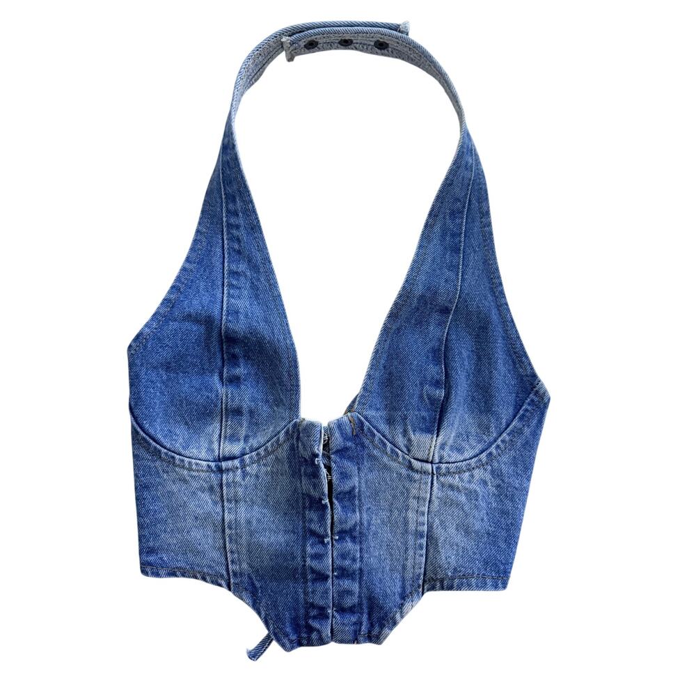 Edikted Katrina Denim Corset Top XS Blue Halter Lace Up Back Y2K Bustier Crop